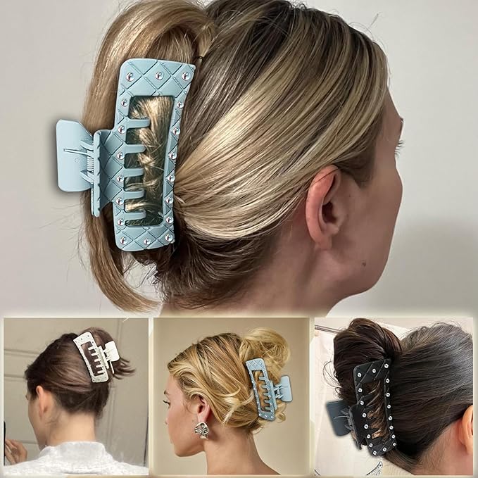 Bling bling Rhinestones Square Hair Clips Double Row Teeth,2 Rows Teeth Rectangle Hair Claw Clips with Shiny Rhinestones,Women Girls Sparkly Thick Hair Accessories Set(cream grey black)