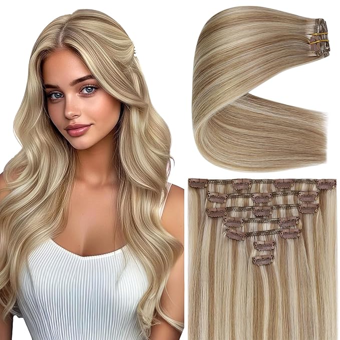 Ve Sunny Blonde Clip in Hair Extensions 22inch Human Hair Clip in Extensions Straight Real Hair Extensions Clip in Human Hair Daily Use