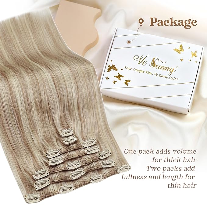 Ve Sunny 24 inch Remy Clip in Hair Extensions Long Human Hair Extensions Blonde Highlight for Women Warm Color Real Human Hair Clip in Extensions Straight 120g 7pcs