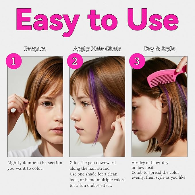 10 Colors Dustless Hair Chalk for Kids, Washable Temporary Hair Color Pens, Easy to Apply & Wash Out, Kid-Safe Non-Toxic, Fun Gifts for Girls & Teens, Parties, Dress Up & Creative Play