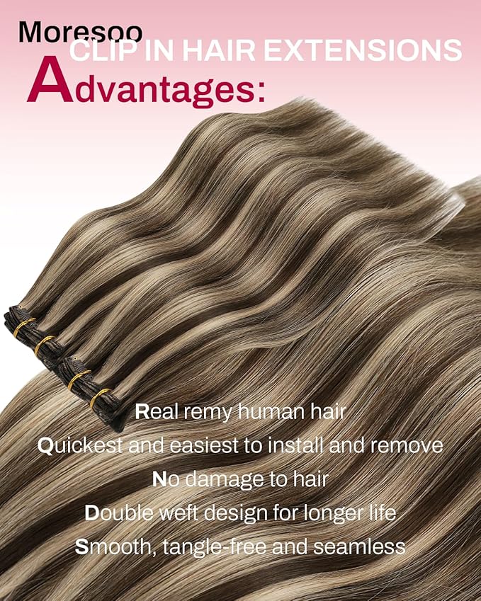 Moresoo Human Hair Extensions Clip ins Brown Highlight Real Hair Clip in Extensions Dark Brown Highlights with Caramel Blonde Double Weft Clip in Human Hair Extensions 7pcs 120g 20 Inch