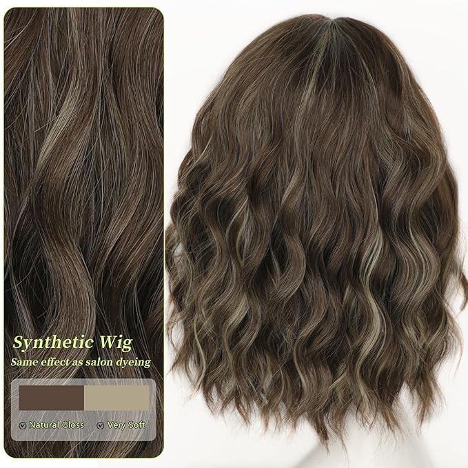 AISI HAIR Curly Bob Wig with Bangs Short Wavy Warm Medium Brown with Golden Highlights. Color Wigs for Women Bob Style Synthetic Heat Resistant Bob Wigs