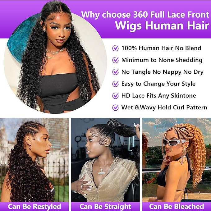 360 Deep Wave Lace Front Wigs Human Hair 200% Density 360 HD Lace Front Wigs Deep Wave Pre Plucked With Baby Hair Curly Full Lace Wig with Adjustable Straps for Women (22 Inch)