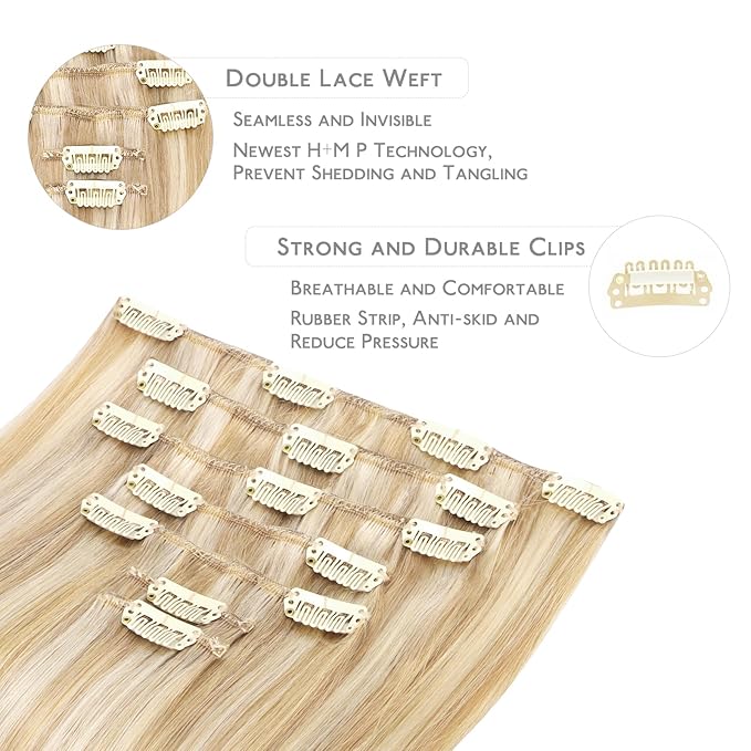 WENNALIFE Clip in Hair Extensions Human Hair 16 Inch 120g 7pcs Dirty Blonde Highlighted Bleach Blonde Hair Extensions Clip in for Women Real Human Hair Rallonge Cheveux Extensions