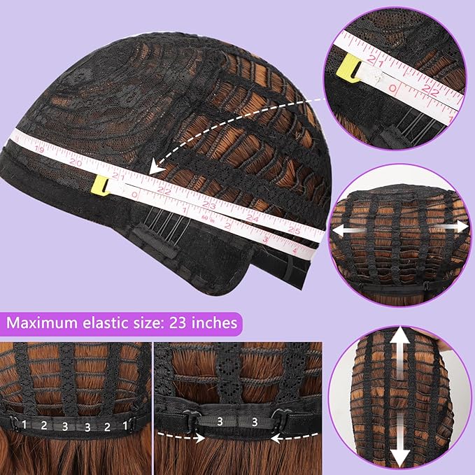 AISI HAIR Synthetic Wavy Curly Bob Wig with Bangs Ombre Brown to Auburn Brown Wig Short Hair for Women Synthetic Heat Resistant Bob Wigs