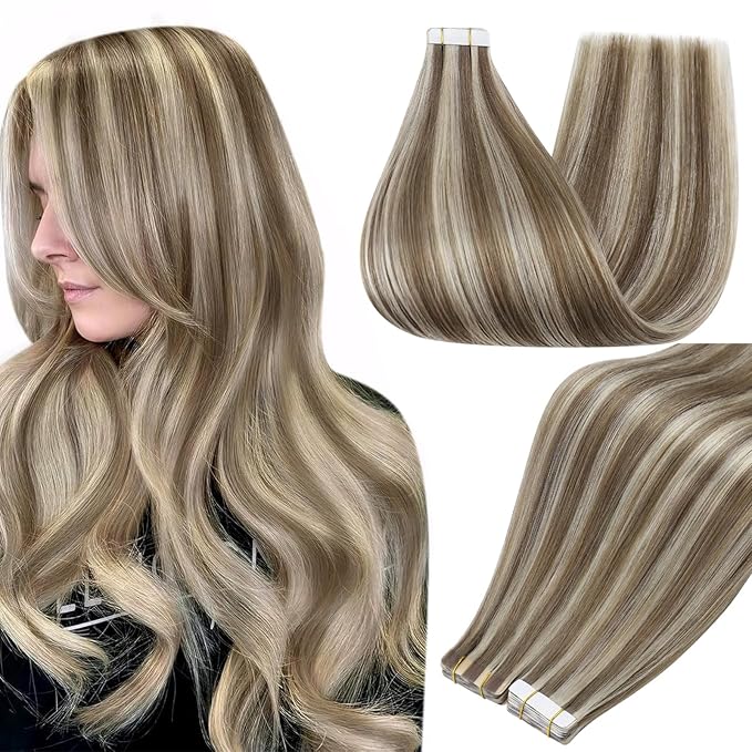 Full Shine Highlight Blonde Tape Extensions Color 8 Ash Brown And 60 Blonde Tape in Hair Extensions Human Hair 24Inch Invisible Seamless Skin Weft 50G 20Pcs Add Length