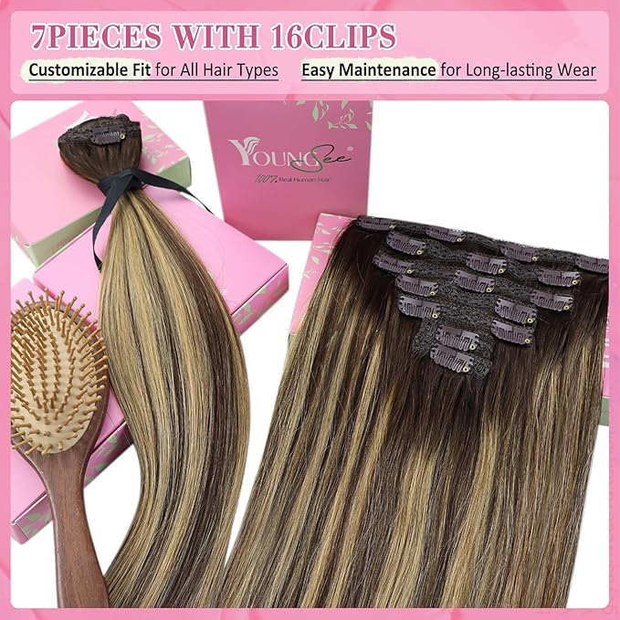 YoungSee Clip in Hair Extensions Human Hair Balayage Brown Human Hair Clip in Extensions Balayage Chocolate Brown Mix Caramel Blonde Full Head Clip ins Real Hair Extension Add Length 120G 20Inch