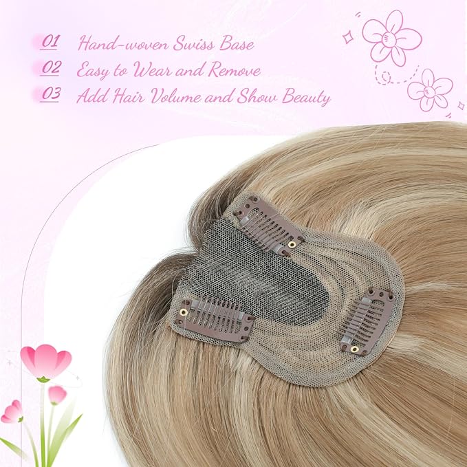 YAMI Hair Toppers for Women Fluffy Human Hair Topper 10inch Handmade Swiss Base Hairpieces 360° Cover Hairloss (Honey Blonde with Dark Brown Root)