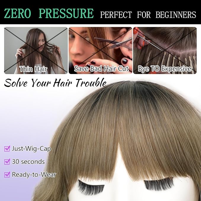 AISI HAIR Synthetic Wavy Curly Bob Wig with Bangs Ombre Blonde Mixed Short Hair for Women Synthetic Heat Resistant Bob Wigs