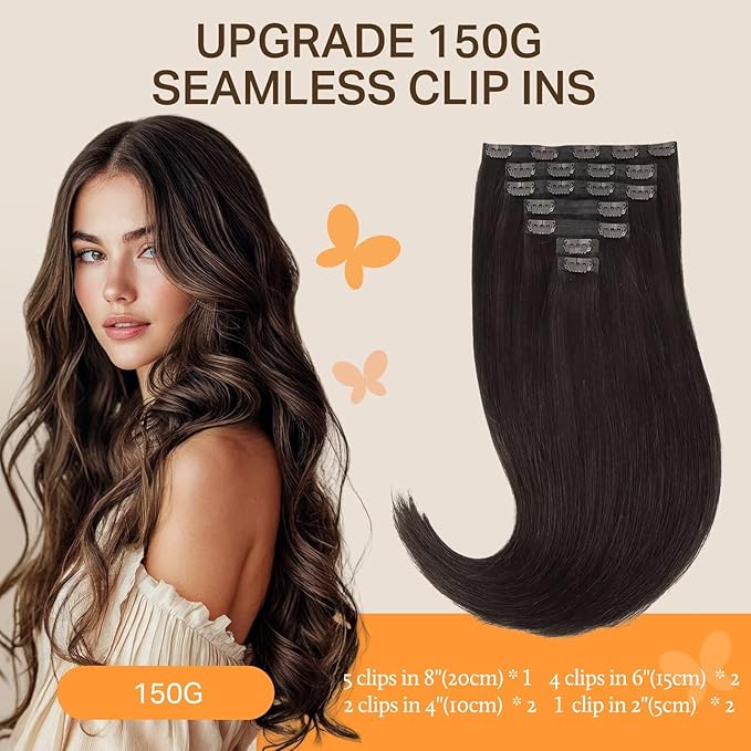 DOORES Clip-in Hair Extensions, Dark Brown 160g 7pcs 24 Inch, Seamless Invisi Edge Remy Thick Straight Hair for Women