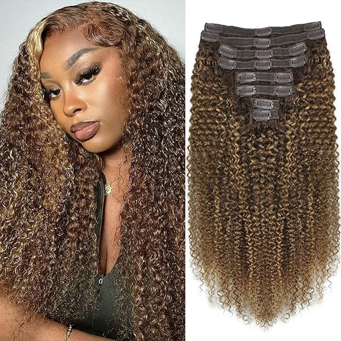 Kinky Curly Clip in Hair Extensions Real Human Hair 4/27/4 Omber Kinky Curly Clip ins For Women 3c 4a Brazilian Virgin Clip on Hair (24inch,#4/27/4)