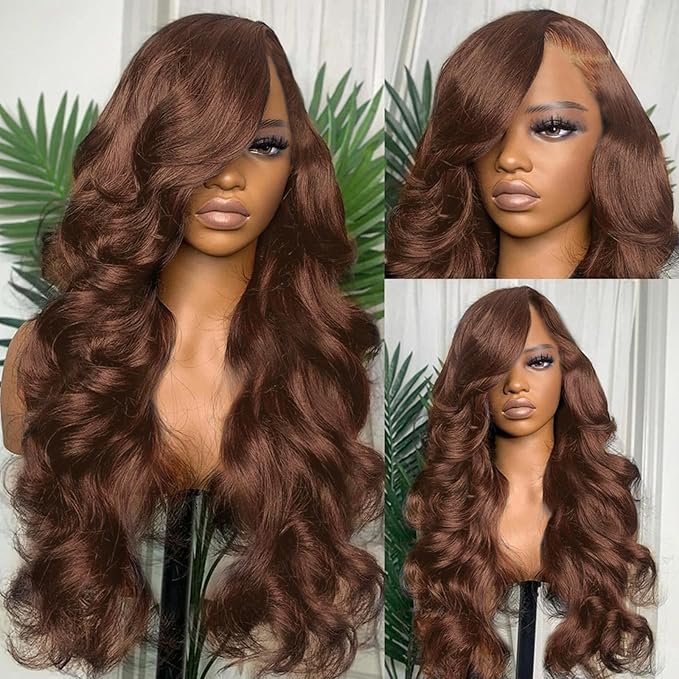 Chocolate Brown Lace Front Wig 200 Density 13x6 HD Body Wave Lace Front Wigs Human Hair Pre Plucked Colored Frontal Glueless Brown Human Hair Wig for Women with Baby Hair 24Inch