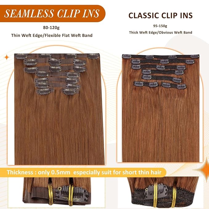 Full Shine Seamless Hair Extensions Clip in Copper Brown Clip in Hair Extensions Brown Seamless Clip ins Straight Brazilian Hair Ease of Use 14 Inch 8 PCS 120 G