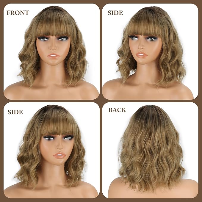 MISSQUEEN Short Dark Blonde Wavy Bob Wig with Bangs Honey Blonde Wig for Women Natural Heat Resistant Fiber Synthetic Curly Hair for Daily Party Chrismas Halloween Used (12 Inches)