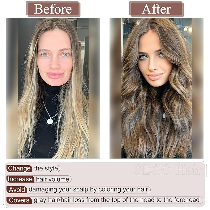 SEGO Real Human Hair Topper for Women No Bangs, Hair Topper with Anti-Slip Clips (10 Inches Light Brown)