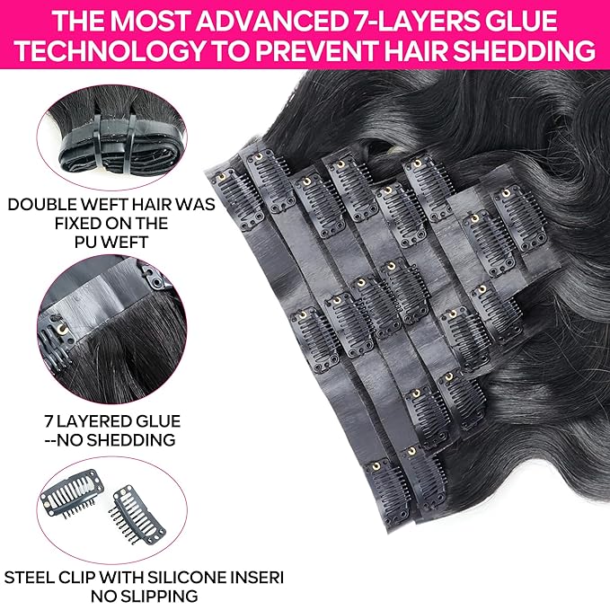 Seamless Clip in Hair Extensions Human Hair Body Wave Human Hair Clip ins for Black Women 8Pcs Invisible Skin Weft 18Clips 120g 16inch Natural Black