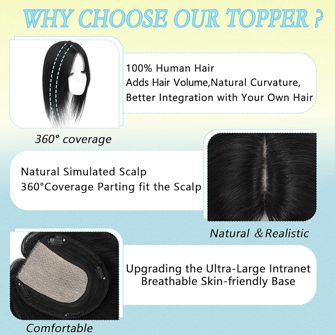 Hair Toppers for Women Real Human Hair, 360° 3D Toppers Pieces for Women with Thinning Crown Side Bangs 14 Inch Upgrade Big Basement (Black, 14 Inch Side Bangs)