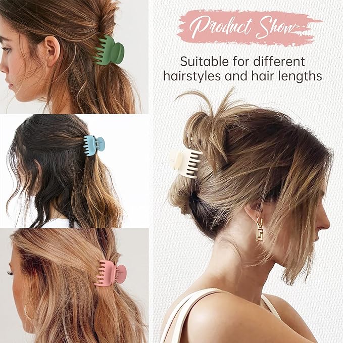 DEEKA Hair Clips Small Claw Clips for Thin Hair 4 Pack Double Row Teeth 1.6" Medium Matte Non-slip Short Hair Accessories for Women and Girls -Green Blue Pink