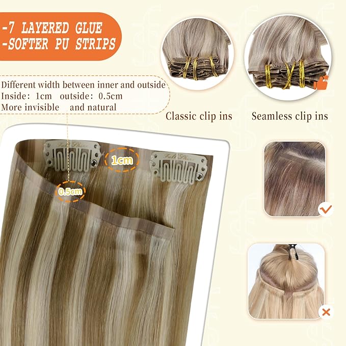 Full Shine Balayage Blonde Clip in Hair Extensions Real Human Hair Ash Brown Hair Extensions Mix Platinum Blonde Seamless Clip ins for Short Hair 12 Inch 8 PCS 95 G