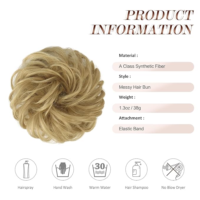 FESHFEN Messy Bun Hair Piece - Elastic Wavy Curly Hair Bun Scrunchies Extensions Synthetic Chignon Hairpieces for Women Girls, Light Golden Blonde 1.5 oz