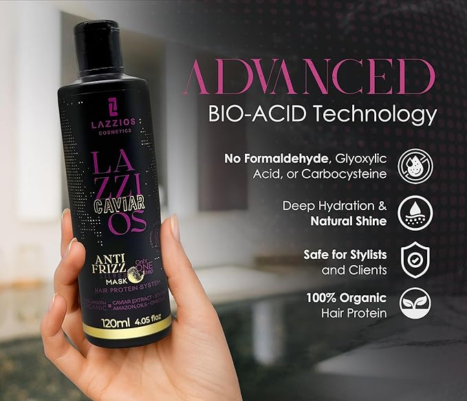 Lazzios Caviar Organic Hair Protein 120 ml (4 oz) – Brazilian Professional Straightening & Smoothing Treatment – Safe Formula with No Toxic Acids, Hyaluronic Acid, Keratin, Caviar & Argan Oil