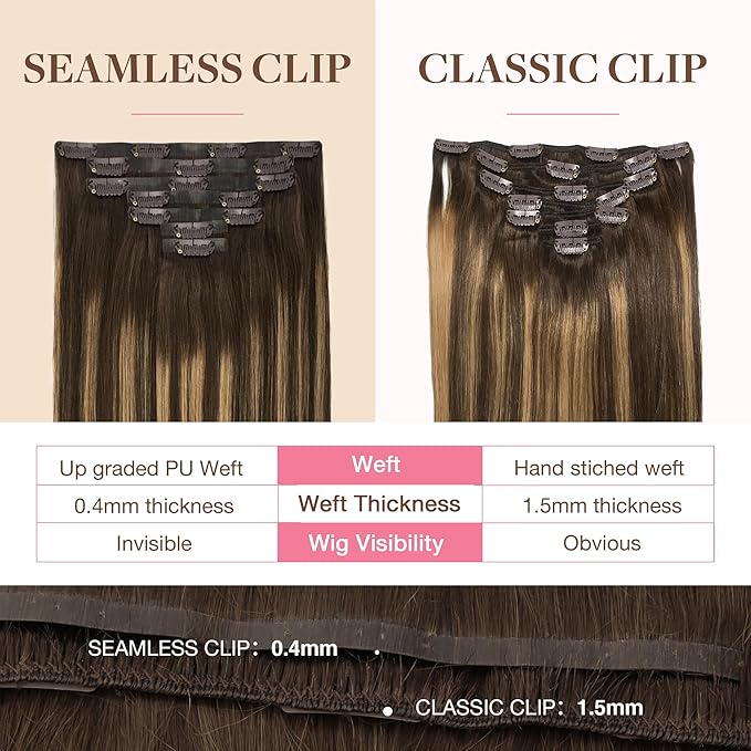GOO GOO Clip in Hair Extensions Real Human Hair, Remy Human Hair Extensions Clip ins for Women, Natural Human Hair, 18inch 130g 7Pcs, 4/27/4 Balayage Chocolate Brown to Caramel Blonde