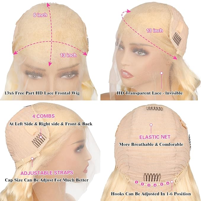 26 Inch 613 Lace Front Wigs Human Hair 200 Density 13x6 HD Transparent Lace Full & Thick Body Wave 613 Blonde Wig Glueless Pre Plucked with Baby Hair