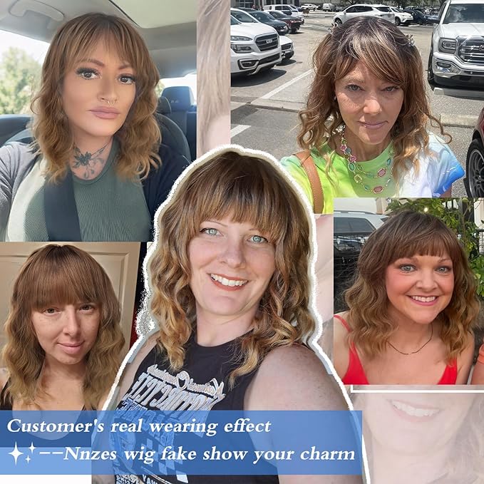 Nnzes Short Wavy Bob Wig with Bangs for Women Shoulder Length Curly Ombre Brown Blonde Synthetic Heat-Resistant Fiber Hair for Daily & Party Use