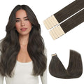 GOO GOO Tape in Hair Extensions Human Hair, 1C Mocha Brown, 18inch 25g 10pcs, Skin Weft Seamless Invisible, Silky Straight with Thick Ends, Remy Human Hair