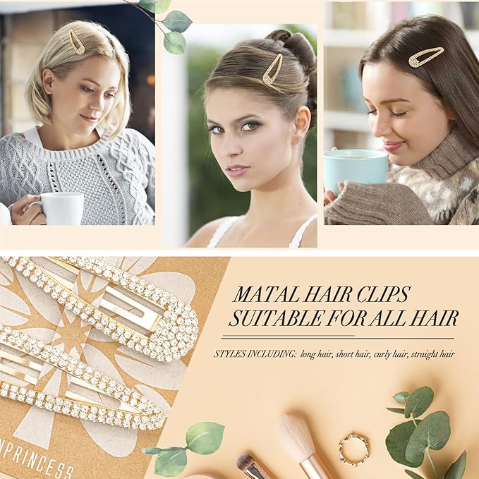 Hair Clip, 2Pcs 2.4Inch Rhinestone Hair Clips, Gold Hair Clips, Rhinestone Hair Accessories, Hair Barrettes for Women Girls Bridal, Wedding, Party, Prom