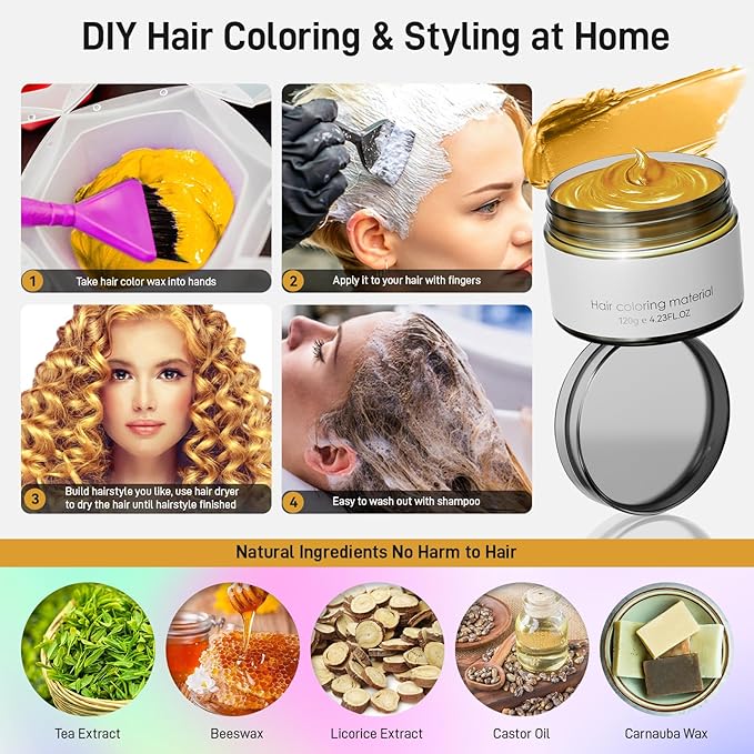 Glod Temporary Hair Dye,Temporary Hair Color Wax,Natural Washable Hair Dye Temp Hair Color for Women Men Kids Party Cosplay Halloween