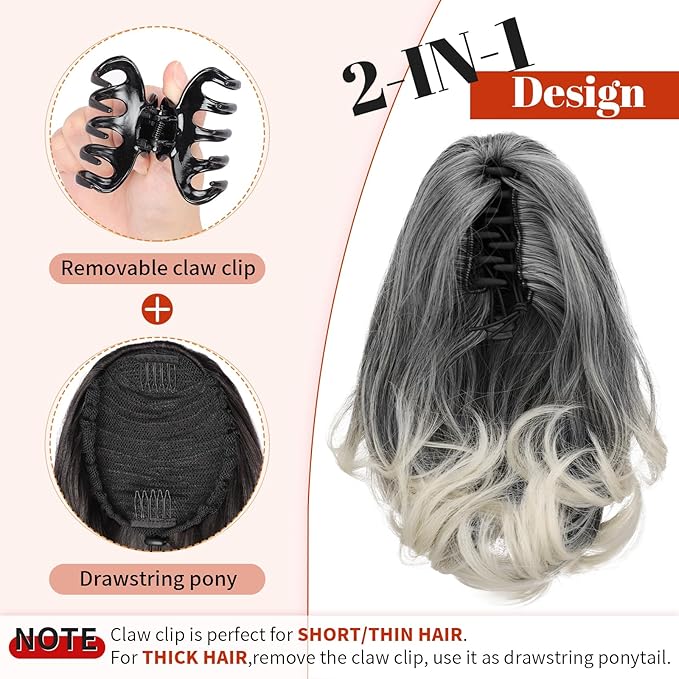 KooKaStyle Ponytail Extension, 10" Short Claw Clip in Pony Tails Hair Extensions Curly Wavy Synthetic Drawstring Hairpieces for Women(Gray and White Tips)
