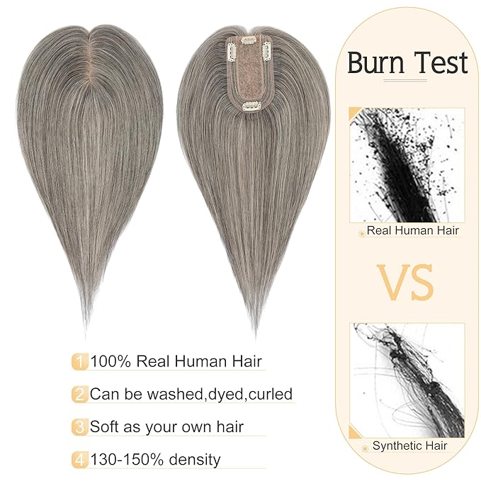 SEGO Grey Hair Toppers for Women Real Human Hair No Bangs, Salt and Pepper Hair Topper, 7 * 13 CM Silk Base Clip In Top Pieces Add Volume -12 Inch G2 Dark Grey Mix