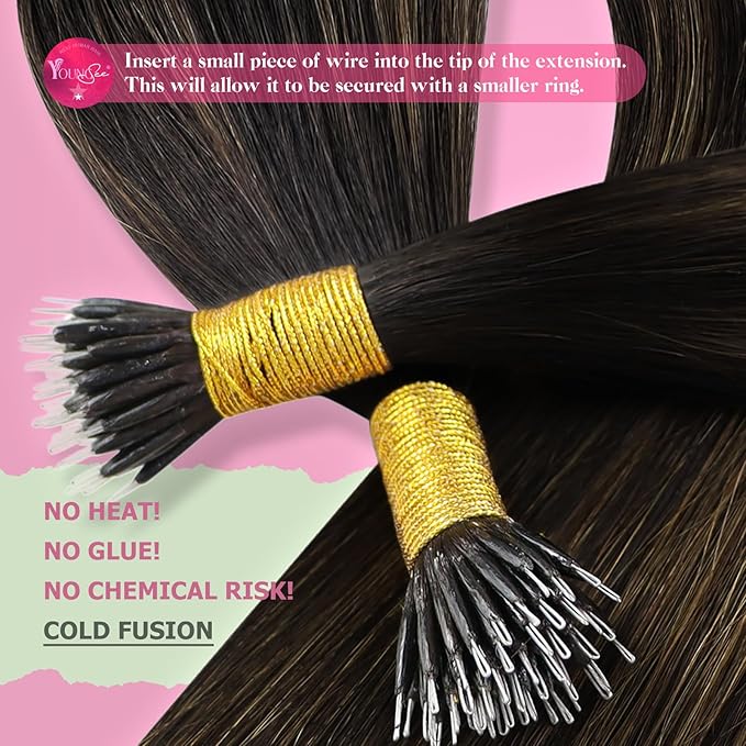 YoungSee Nano Bead Hair Extensions Human Hair Brown 18 inch Nano Ring Hair Extensions Human Hair Balayage Nano Hair Extension Dark Brown Ombre Browns Pre Bonded Nano-Tip Hair Extension 50s 50g