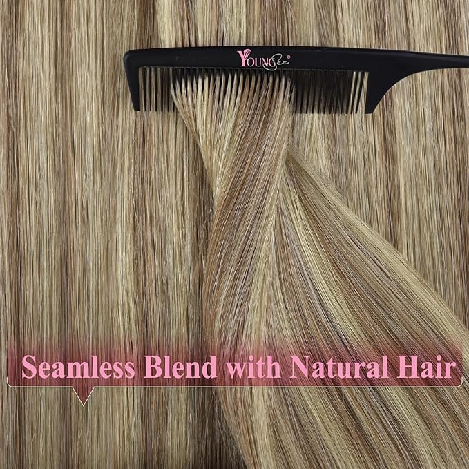 YoungSee Human Hair Tape in Extensions Highlight Invisible Tape in Brown Hair Extensions Softness Tapes Remy Hair Extension Human Hair Light Brown Highlighted Blonde 14Inch 20pcs 50g