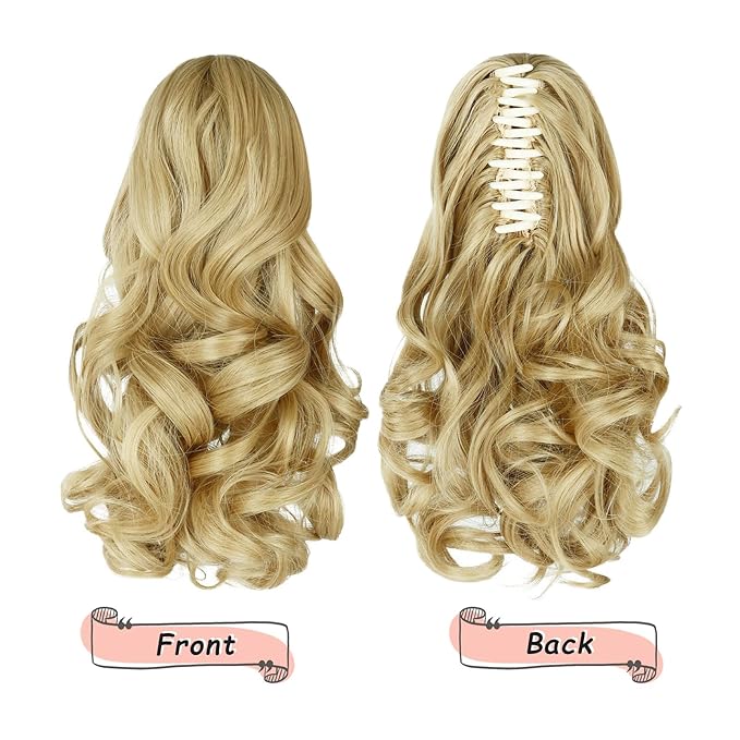 Ponytail Extension, Clip on Ponytails for Women, 12" Claw Clip in Short Curly Wavy Pony Hair Extension for Women - Light Honey Blonde