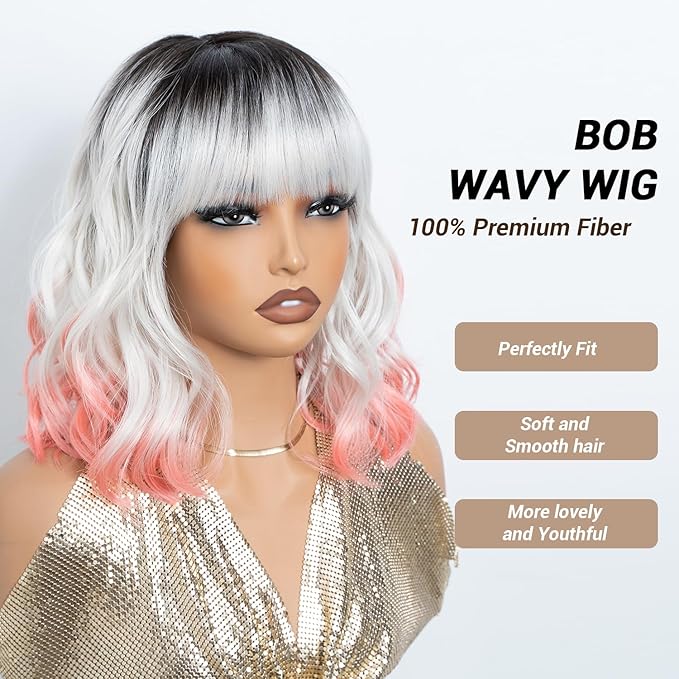 NOBLE Colourful Short Bob Wigs with Bangs for Women 3 Tone Ombre Greyish white root to Pink Color Short Wavy Bob Hair Wig Shoulder Length Synthetic Heat Resistant Bob Wigs