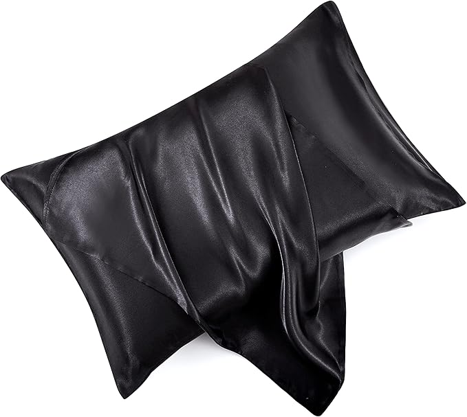 Black Satin Pillowcase Standard Set of 2 with Envelope Closure，Black Silk Pillowcase for Hair and Skin (20x26)