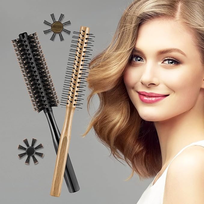 Geiserailie 2 Pieces Thick Round Hair Comb Bristle Blow Drying Hairbrush Small Brush Short Hair Massage Comb Head Massage Round Brush Roll Hairbrush for Wet or Dry(Black, Wood Color)