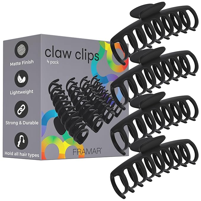 FRAMAR Large Claw Clips For Thick Hair – Large Hair Clip For Thick Hair, Big Hair Clips For Women, Hair Claws Clips For Women, Black Hair Clips, Black Claw Clip - 4 Pack Non Slip Matte Finish
