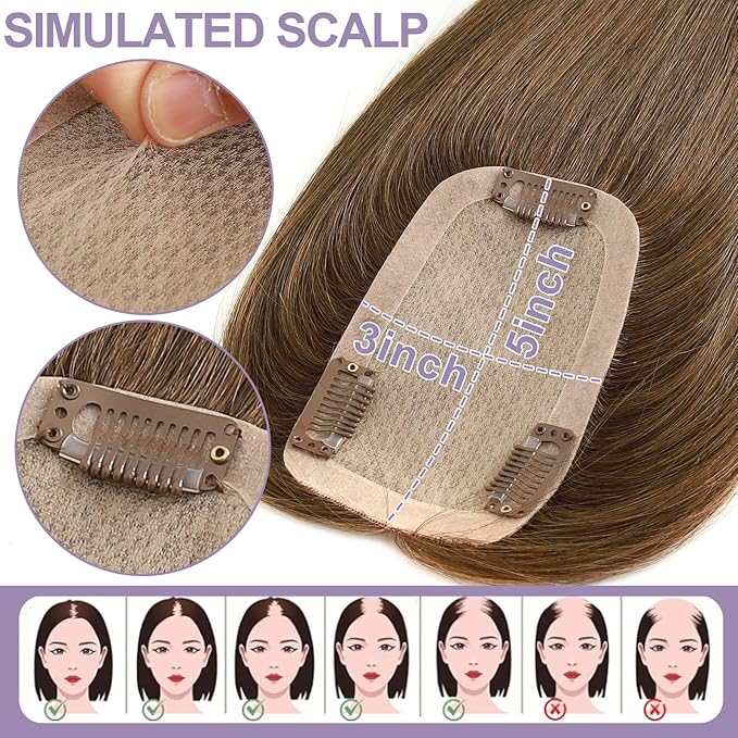 3x5 Inch Injected Silk Base Hair Toppers for Women, 14 Inch Length 130% Density Real Human Hair Pieces #2A Brown