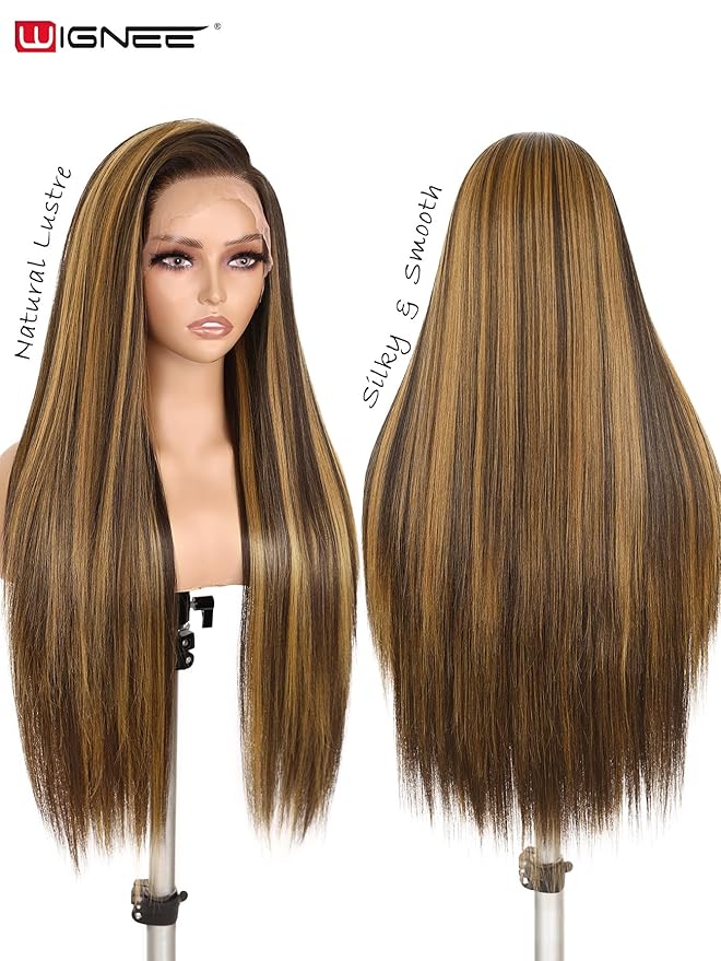 WIGNEE 13x6 Synthetic Lace Front Wig 28" Long Straight Wig Natural Black Kanekalon Futura Synthetic Wigs for Black Women Pre-Plucked Glueless Wig for Daily Party Use