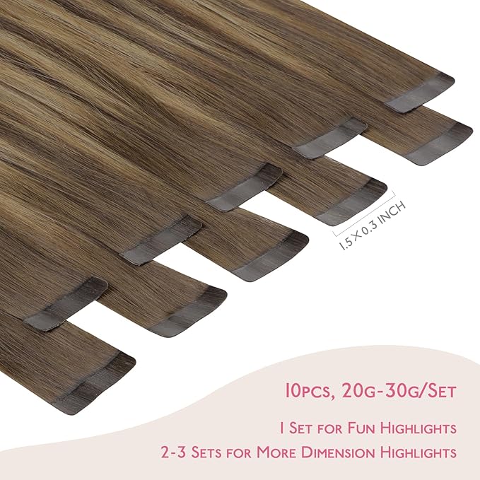 Wennalife Tape in Hair Extensions Human Hair Balayage Chocolate Brown to Caramel Blonde Tape in Extensions, 10pcs 20g 12 inch Remy Invisible Tape Ins Straight Soft Real Human Hair Tape in Extensions