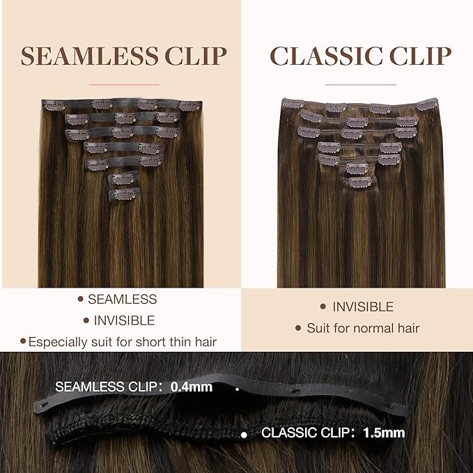 GOO GOO Clip in Hair Extensions Real Human Hair, Remy Human Hair Extensions Clip ins for Women, Natural Human Hair, 18inch 110g 7Pcs, 2C/4E/6C Brown Sugar Swirl Highlights