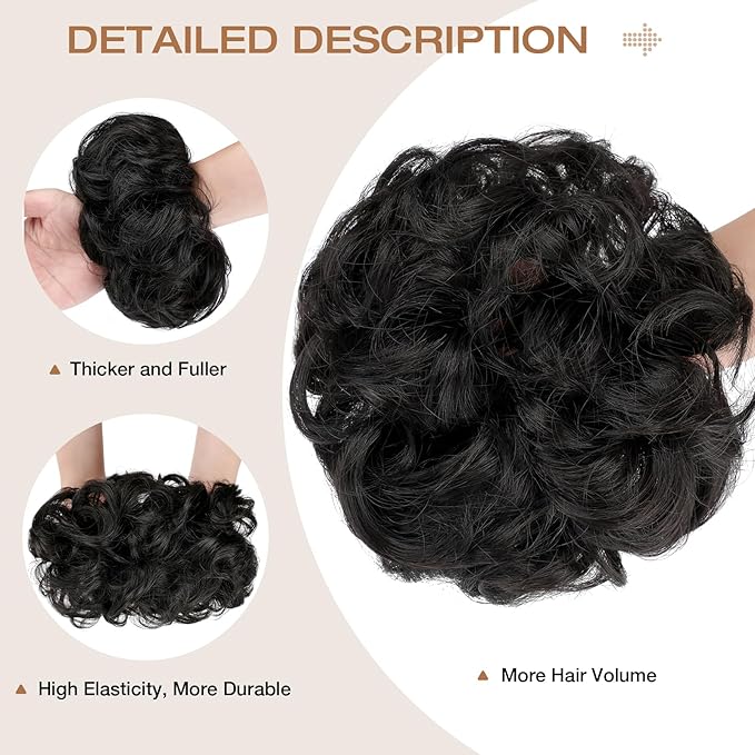 Messy Bun Hair Piece Wavy Curly Scrunchies Fluffy Donut Thick Updo Elegant Chignon Hairpieces for Women Girls, Natural Black 1.4oz