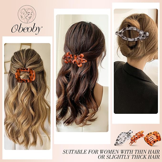 Obeoby 8 Pcs Flat Hair Clips for Women, 4 Types French Flat Claw Clips Hair Accessories Barrettes Large Medium (Tortoiseshell)