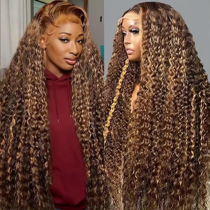 30 Inch Highlight Ombre Lace Front Wigs Human Hair 13x6 Honey Blonde Deep Wave Wig Human Hair 4/27 Glueless Deep Wave Human Hair Wigs Pre Plucked with Baby Hair for Women