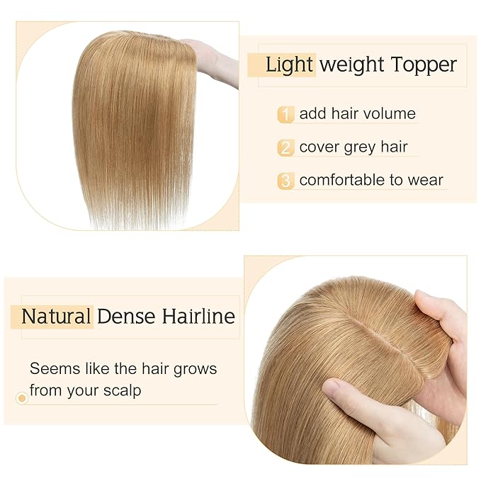 SEGO Human Hair Toppers for Women With Thinning Hair, 7 * 13CM Silk Base 100% Real Human Hair Clip in Top Wiglet Hairpieces -16 Inch No Bangs Dark Blonde