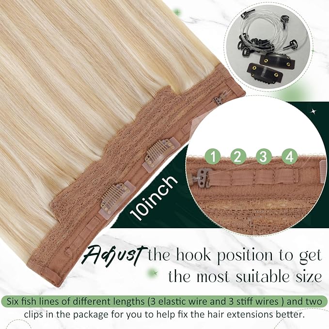 RUNATURE Wire Human Hair Extensions, Invisible Wire Hair Extensions Real Hair for Women, One Piece Clip in Fish Line Extensiosn, Doubel Weft Remy Brazilian Natural Hair, 18 Inch 80g #18P613