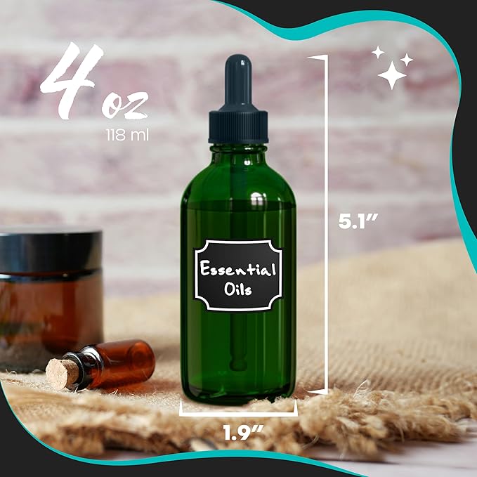 Nevlers 4 Oz Green Glass Dropper Bottle 24 PK | Leakproof Eye Droppers for Oils | Glass Tincture Bottles with Dropper, Shrink Wrap, Funnel, Brush, Marker & Labels | Eye Drop Dispenser Hair Oil Bottle